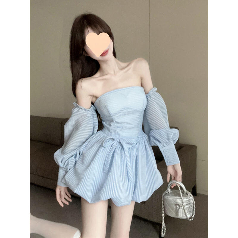 純欲法式抹胸連衣裙女春夏氣質高階性感露背公主蓬蓬禮服短褲套裝