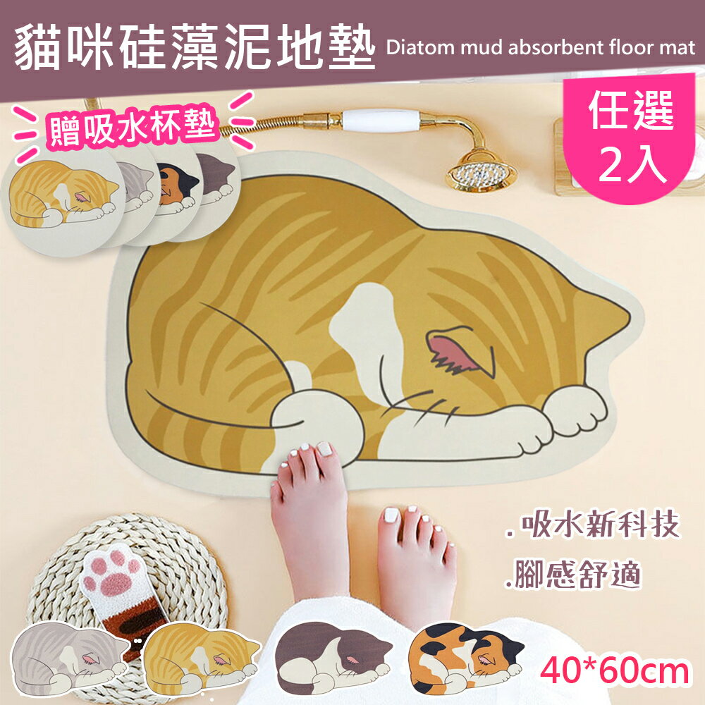 【巴芙洛】貓咪矽藻土防滑吸水軟式踏墊2入組40*60cm送同款杯墊