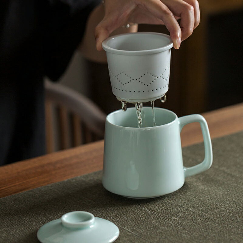 日式陶瓷杯帶把帶蓋過濾水杯家用三件套裝青瓷辦公室茶杯定制禮品
