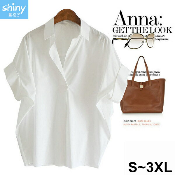 夏日清雅．寬鬆翻領落肩無釦蝙蝠袖上衣 - shiny藍格子【V3745】