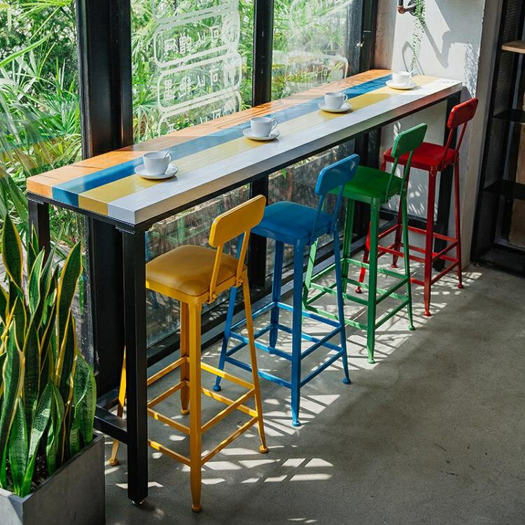 彩色吧臺桌家用靠墻奶茶店桌椅組合酒吧桌商用鐵藝實木長條桌高腳