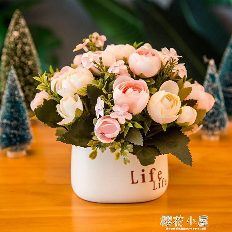 客廳仿真假花束玫瑰擺件餐桌茶幾裝飾塑料干花盆栽植物