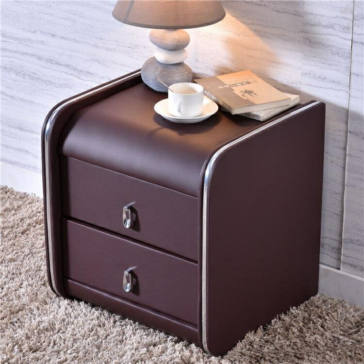 皮質床頭櫃簡約現代帶鎖歐式軟包迷你臥室實木色儲物收納小櫃整裝