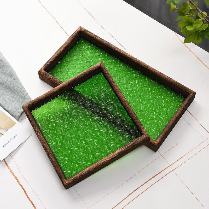 恆笑復古海棠玻璃託盤家用茶盤長方形木質杯子收納盤水果盤點心盤