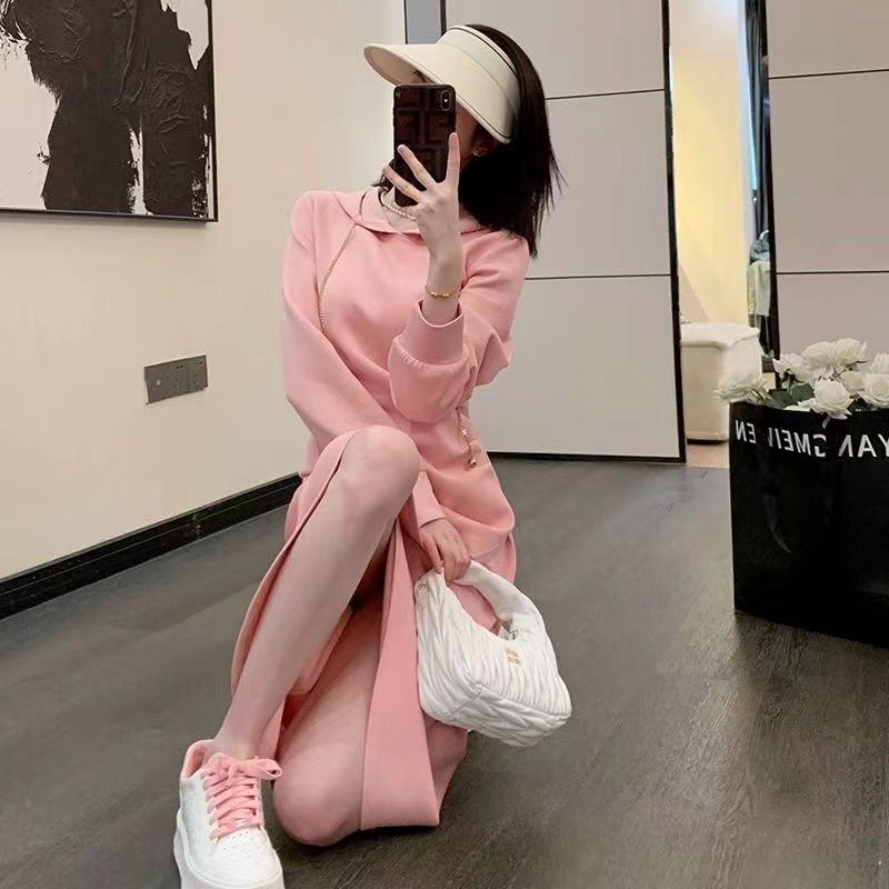 衛衣裙連帽上衣洋氣連帽女寬松減齡休閒中長款過膝時尚連衣裙秋季新款【聚宝屋】