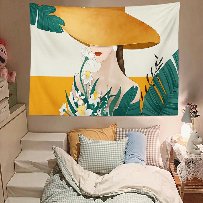 北歐輕奢莫蘭迪人物墻壁裝飾大掛毯床頭臥室宿舍客廳直播背景墻布