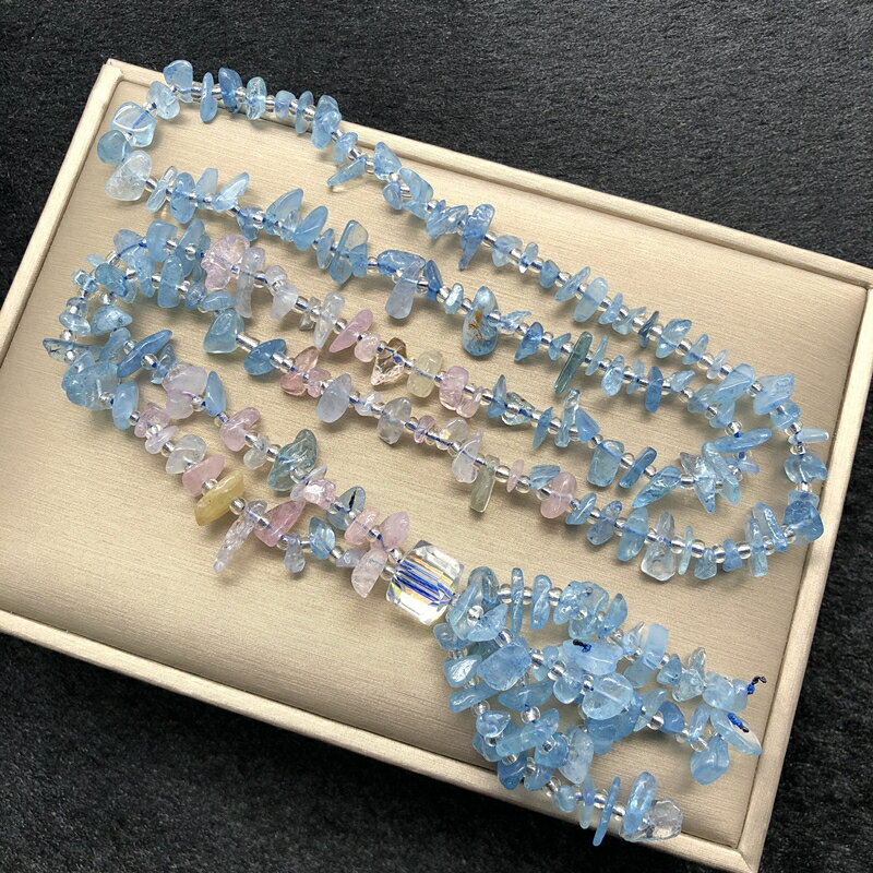 天然潤藍海藍寶碎石原石毛衣鏈 搭配摩根石碎石項鏈女款