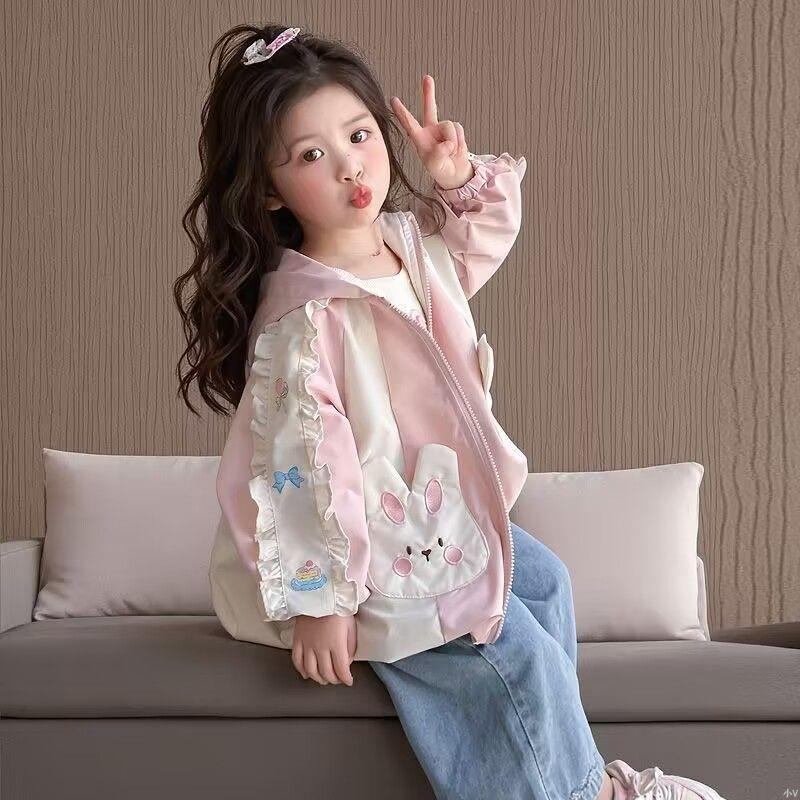 【撞色拼接】女童外套春秋款2025新款兒童卡通可愛兔子耳朵外穿上衣女寶寶風衣