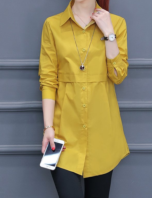 FINDSENSE品牌 秋季 新款 韓國原裝 女 氣質 優雅 簡約 純色 中長款 長袖襯衫 時尚 潮流 上衣