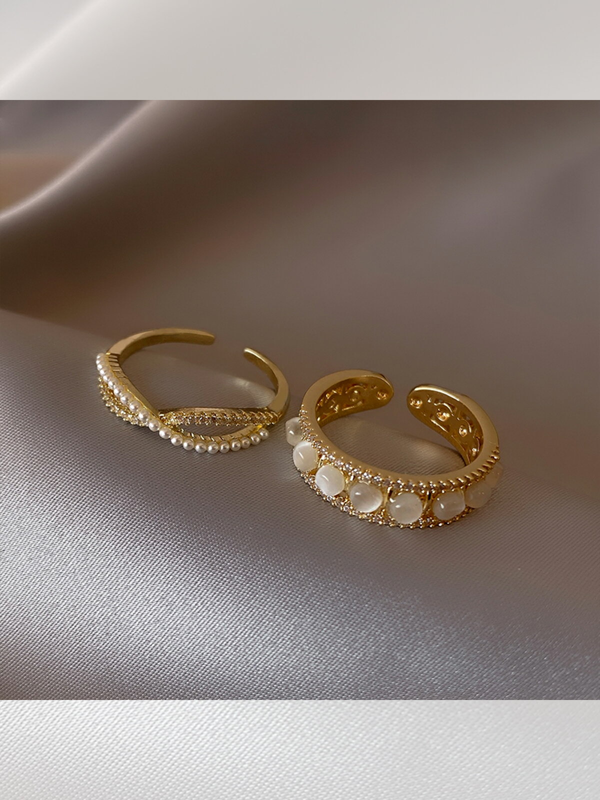 小珍珠交叉戒指女小眾設計高級感貓眼鋯石開口戒韓國氣質網紅指環