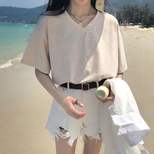 夏季新款韓版V領純色基礎款短袖T恤女學院風百搭寬松顯瘦上衣1入