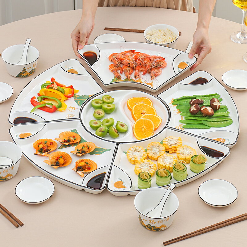 過年團圓餐具菜盤子 家用碗碟套裝圓桌擺盤火鍋創意拼盤餐具組合