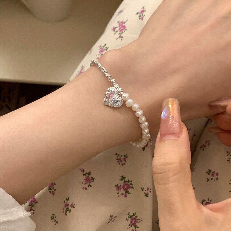 S925純銀珍珠碎銀子粉色鋯石愛心手鏈女韓版精緻小眾高階感手飾品