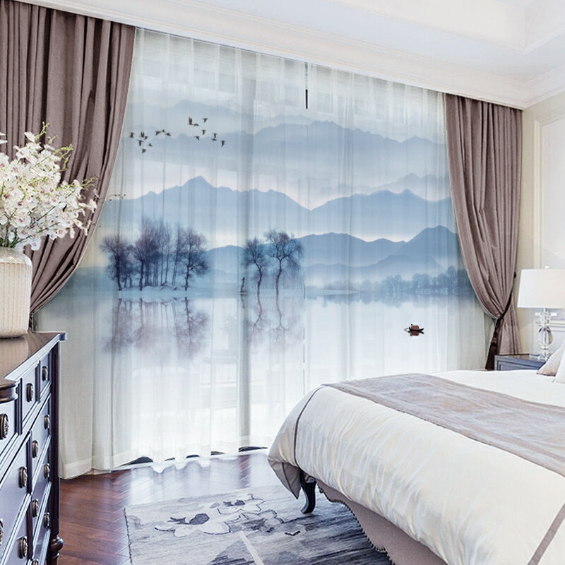 新中式窗紗禪意中國風茶室紗簾2022年新款客廳隔斷水墨山水畫窗簾