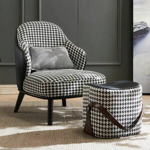 北歐單人沙發椅千格鳥紋設計師休閒凳客廳實木布藝網紅沙發皮拼布
