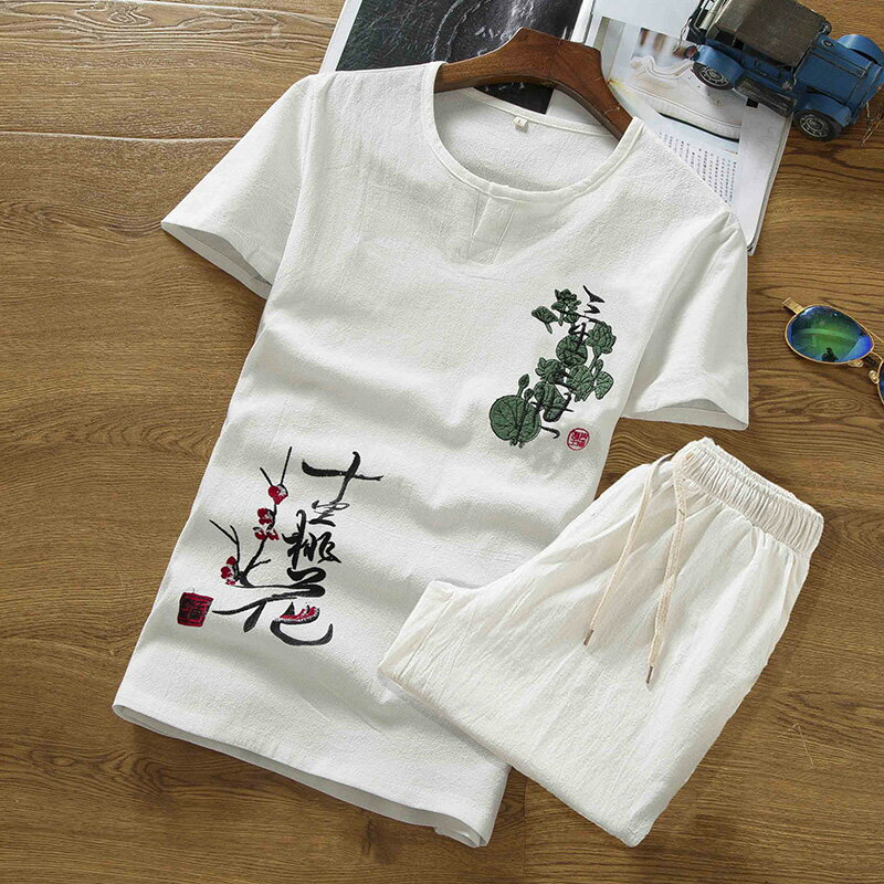 夏季中國風亞麻套裝男漢服棉麻短袖t恤男士唐裝復古男裝古風衣服v