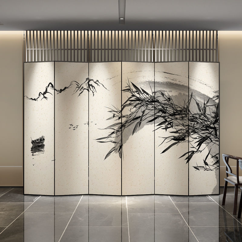 新中式屏風隔斷辦公室茶樓餐廳家用入戶折疊移動實木折屏禪意山水
