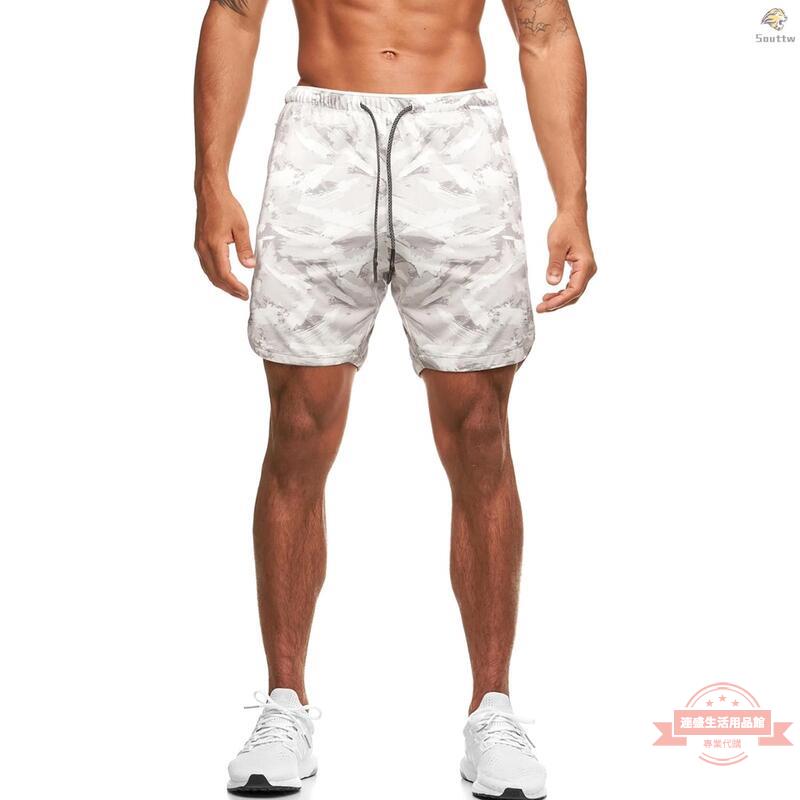 男士短褲沙灘褲迷彩圖案雙側口袋彈力抽繩寬鬆休閒跑步運動五分褲男白迷彩L (DK-41#)