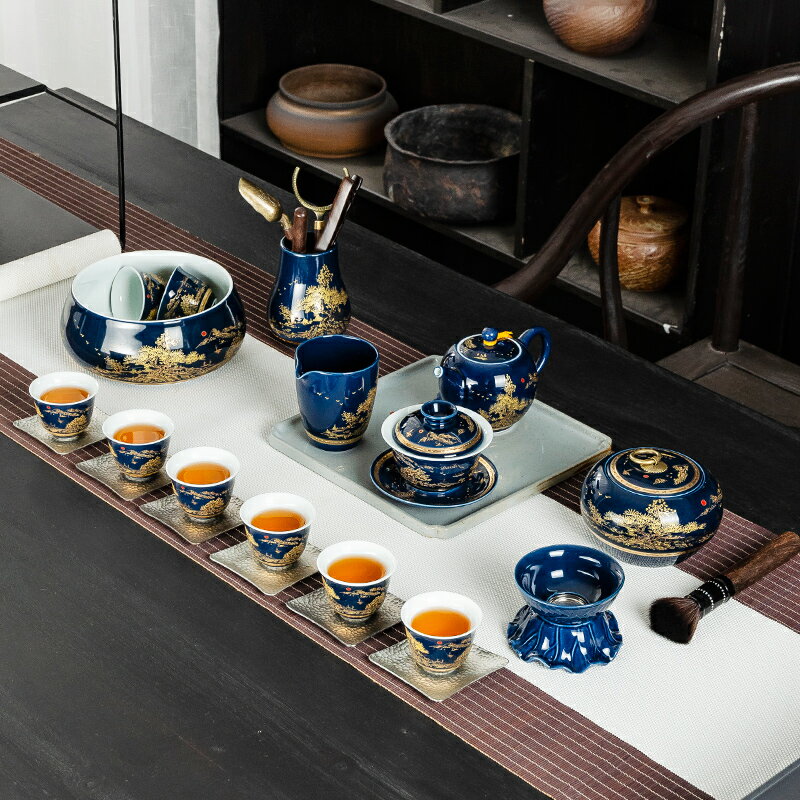 整套家用青花瓷功夫茶具陶瓷泡茶茶道簡約霽藍辦公室茶杯套裝