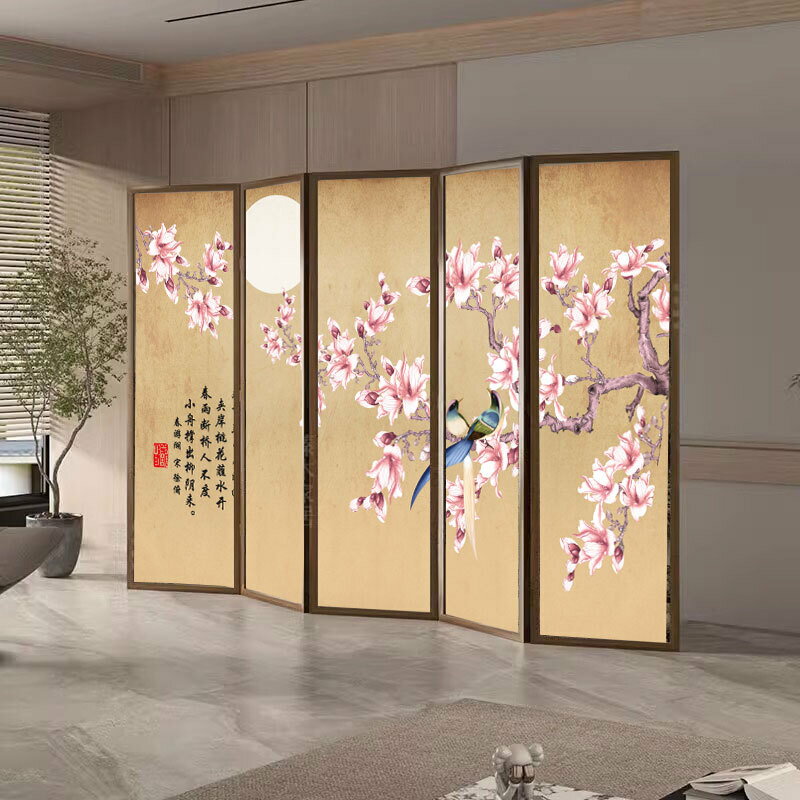 新中式田園花朵屏風隔斷客廳辦公室花鳥移動折疊遮擋裝飾實木折屏/屏風/擋風屏/隔斷屏/遮擋屏/折疊屏/玄關屏風/客廳屏風