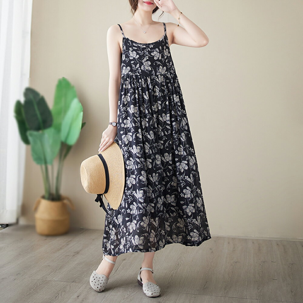 ＊ORead＊復古印花棉麻吊帶連身裙(圖片色M~2XL)