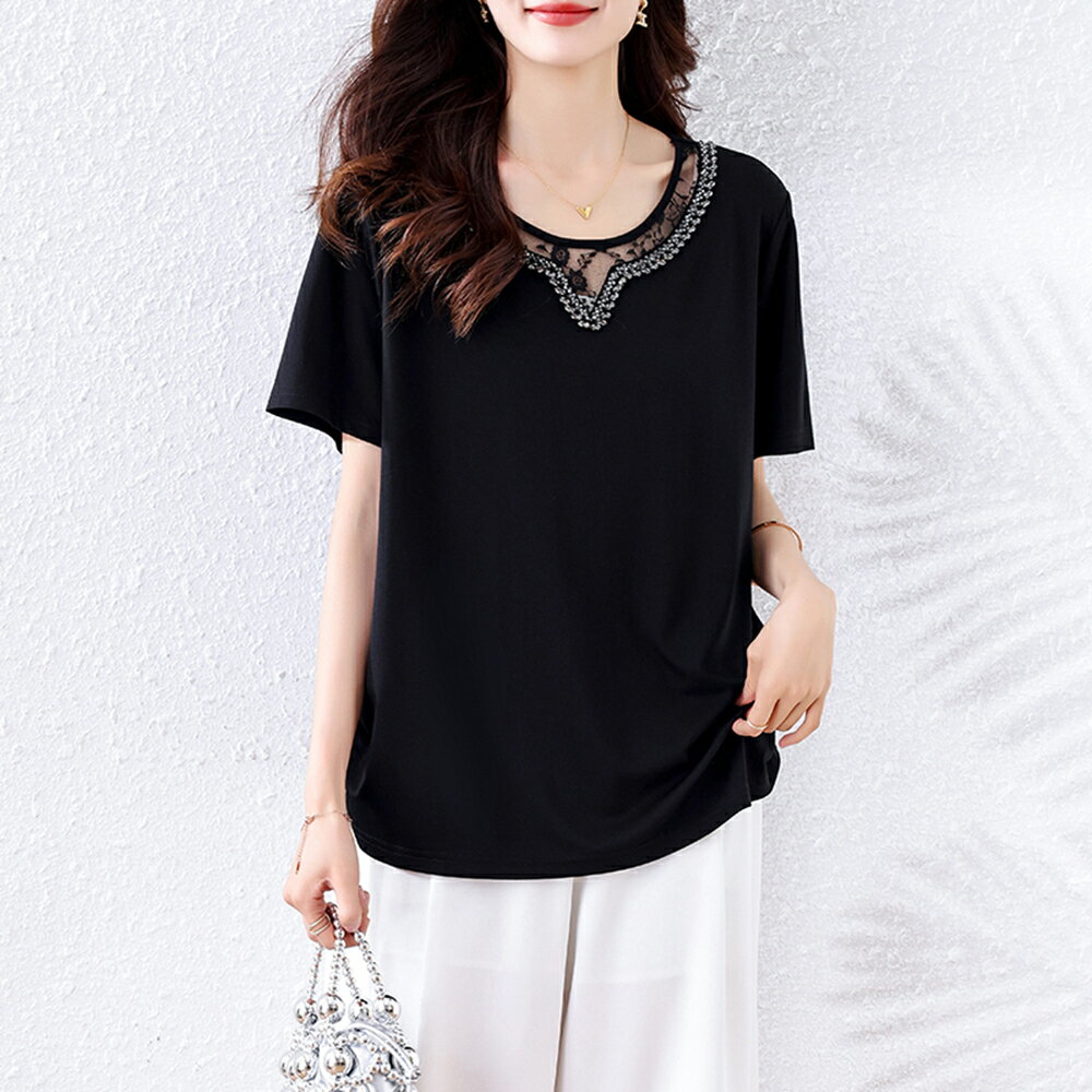 ＊ORead＊釘珠V領短袖T恤上衣(黑色L~5XL)【限定加碼✿全館滿額再折】