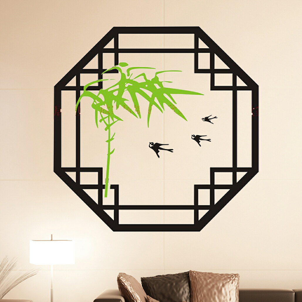 竹韻中式假窗墻貼紙 餐廳玄關書房電視沙發背景裝飾墻貼紙1入