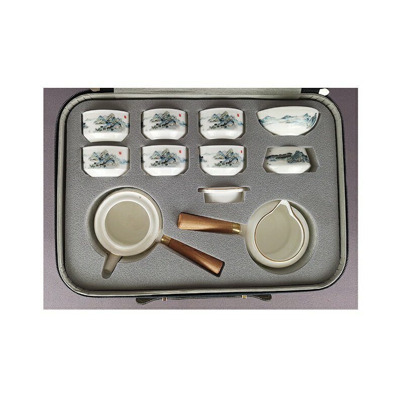 茶具套裝  雙側把壺羊脂玉陶瓷  禮品茶盤旅行茶具包