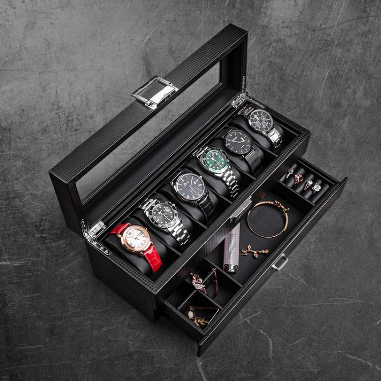 碳纖維紋皮質手錶首飾一體收納盒家用高檔簡約腕表手串戒指袖扣箱【年終特惠】