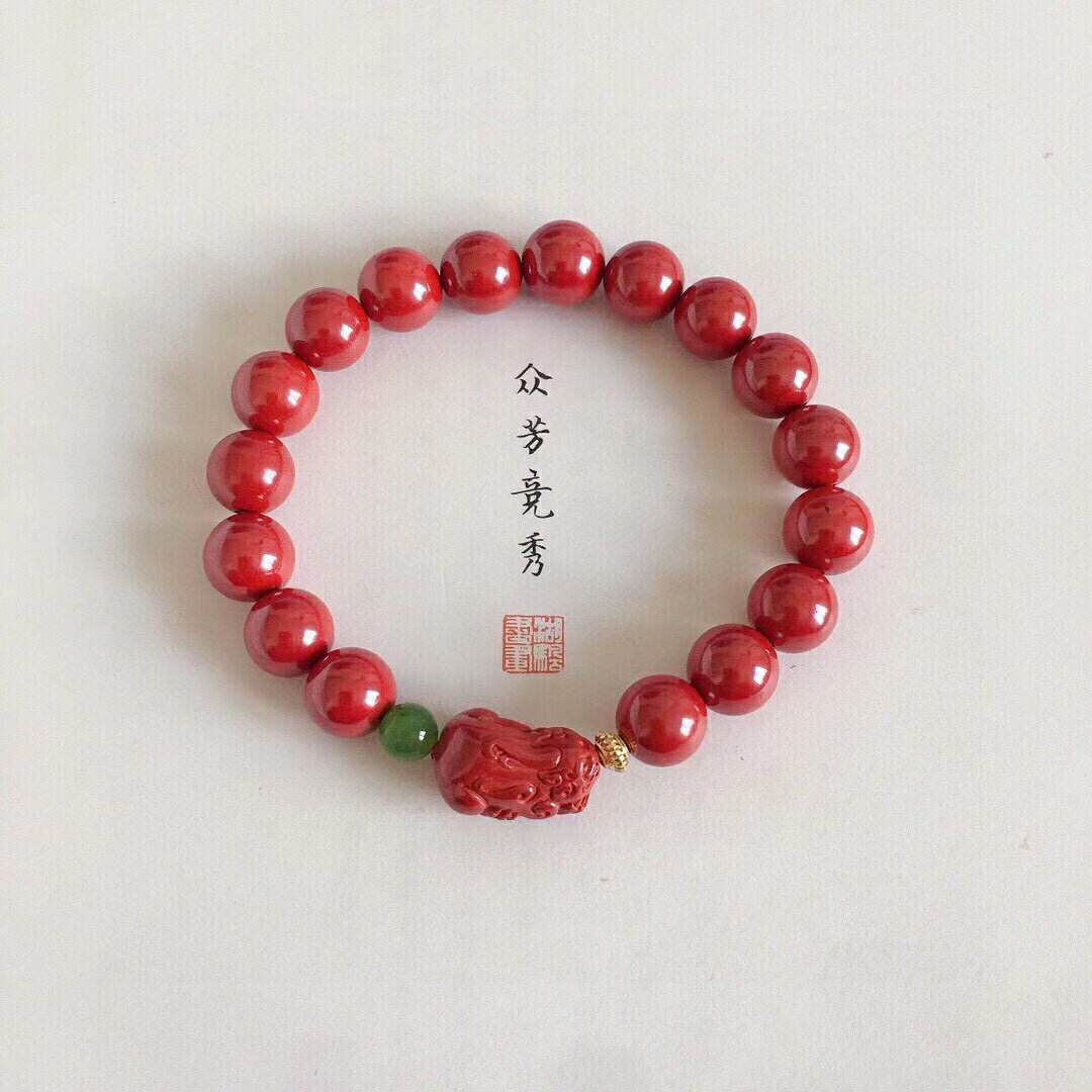 10mm帝王砂硃砂貔貅手鏈 搭配天然碧玉圓珠 型號M2