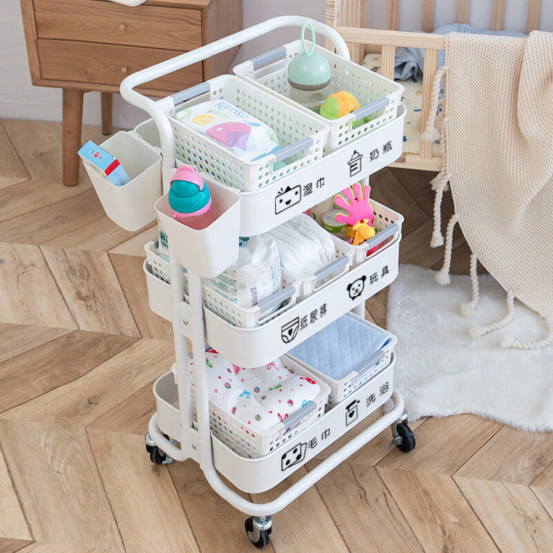 【品質保證】置物櫃 置物架 嬰兒用品小推車置物架臥室落地多層新生兒床頭移動零食收納儲物架