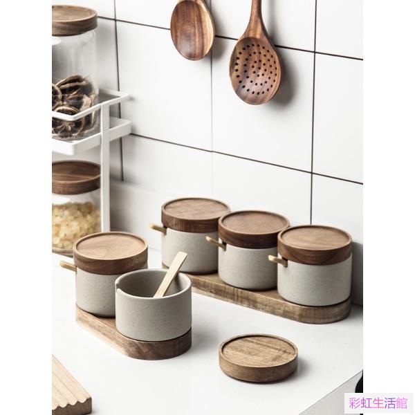 復古陶瓷調味罐家用日式調料品罐廚房鹽罐味精佐料收納盒套裝帶勺