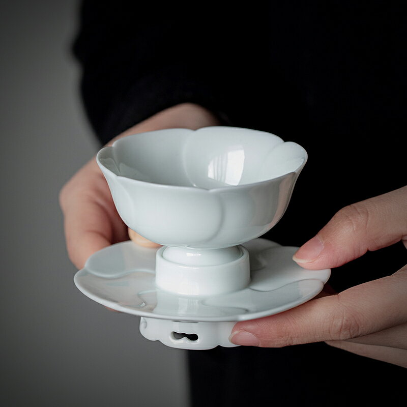 仿宋影青瓷蓮花盞杯陶瓷家用主人杯高足茶杯喝茶品茗杯茶盞禮盒裝