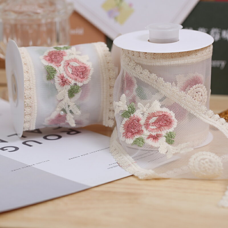 9cm復古玫瑰花朵刺繡蕾絲發飾緞帶diy手工蝴蝶結花邊絲帶裝飾包裝