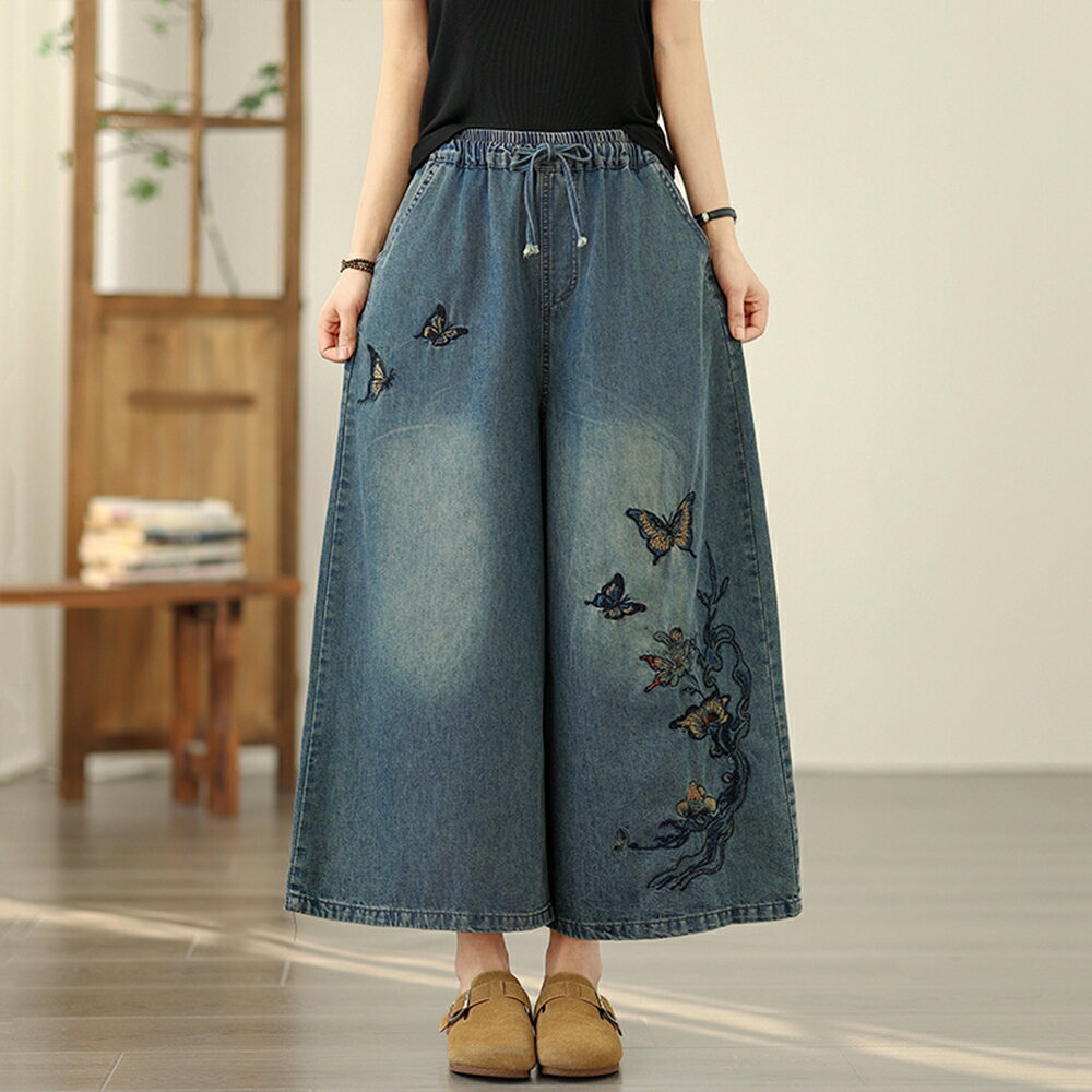 ＊ORead＊民族風牛仔刺繡鬆緊腰寬褲(淺藍色M~2XL)【限定加碼✿全館滿額再折】