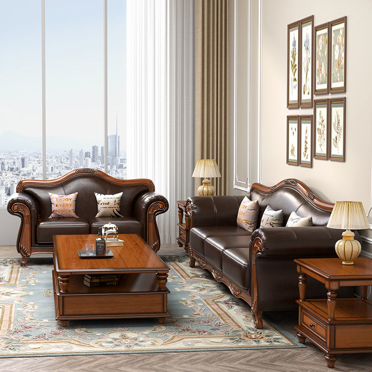 台灣公司貨 最低價 免運 
 美式實木真皮沙發頭層牛皮123組合鄉村復古直排四人全屋客廳家具 2