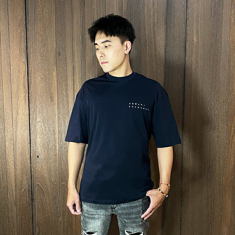 美國百分百【全新真品】Armani Exchange 短袖 棉質 T恤 AX 上衣 logo 寬版 短T 深藍 DD07