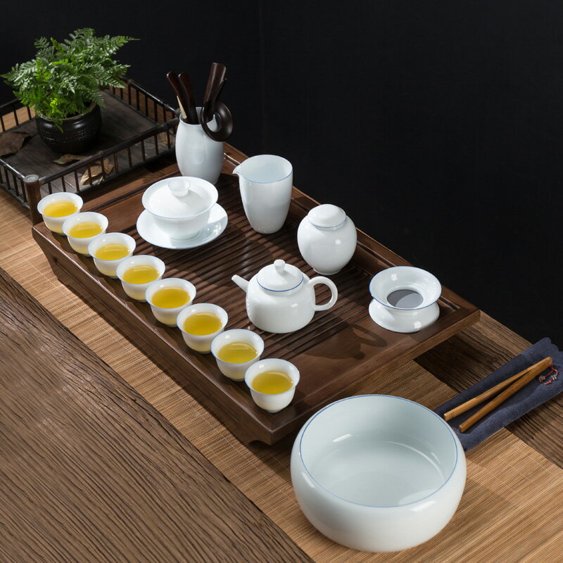 德化白瓷茶具套裝家用羊脂玉功夫茶具簡約泡茶壺蓋碗茶杯整套藍邊