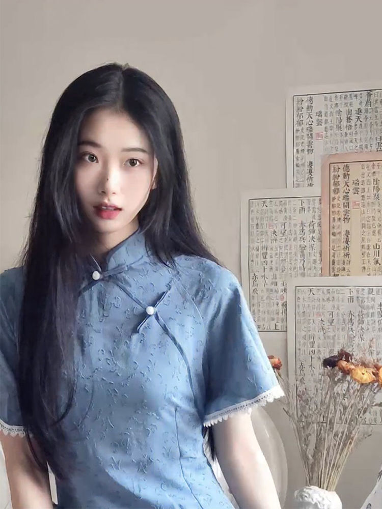 藍色旗袍中長款蝕骨改良少女年輕款名媛風高階氣質時尚百搭夏季新款【聚寶屋】