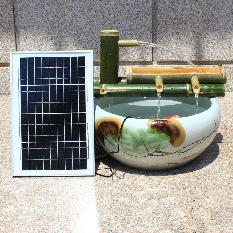 太陽能水泵竹筒流水器自動魚缸陶瓷石槽循環噴泉增氧過濾竹子擺件