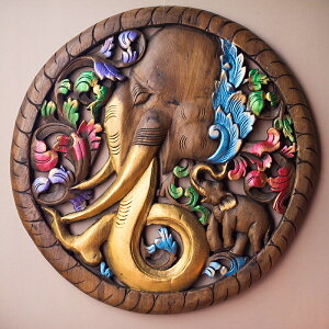 木雕刻工藝品新中式復古大象頭立體鏤空雕刻掛件墻飾圓形60cm掛畫