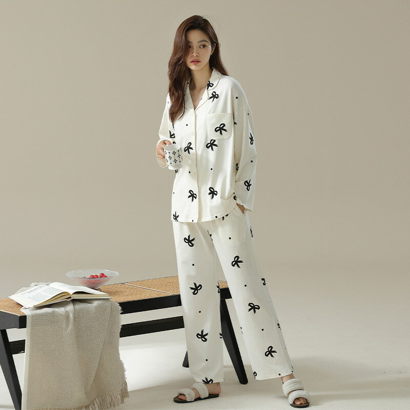 【巴黎精品】睡衣套裝長袖居家服-翻領點點蝴蝶結印花女休閒服w1ad14