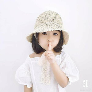 寶寶蕾絲系帶草帽韓國兒童遮陽帽春夏嬰兒女小童草編帽子【聚物優品】