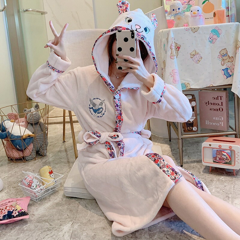睡衣女珊瑚絨秋冬可愛連帽浴袍浴衣加厚保暖甜美家居服可外穿睡袍