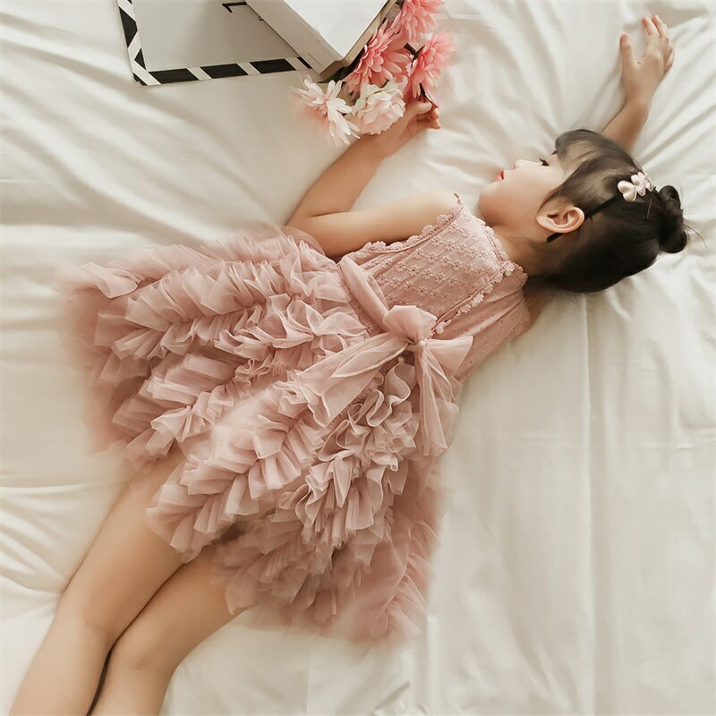 新款女童公主裙蓬蓬紗裙超仙寶寶純色連衣裙夏裝透氣洋氣裙子