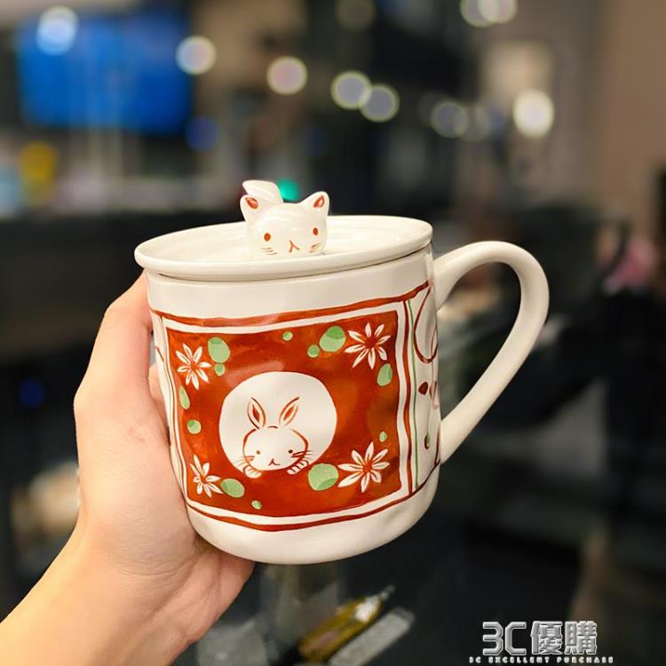 日系馬克杯子帶蓋勺好看日式和風可愛貓咪手繪陶瓷水杯早餐牛奶杯