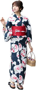 Nishiki【日本代購】和式浴衣+束腰帶2件套 女士成人用 - 藍底金魚