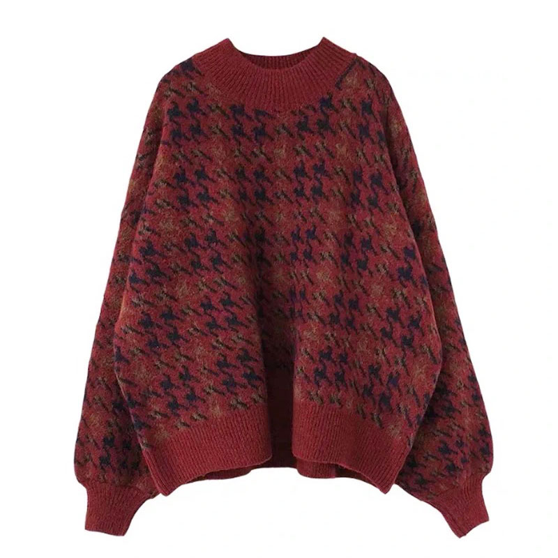 ANNAS 文青風復古千鳥格酒紅毛衣 拜年服 過年穿搭 新年穿搭 紅色毛衣 紅色上衣 酒紅色上衣 過年喜氣龍年穿搭 寬鬆慵懶保暖 7