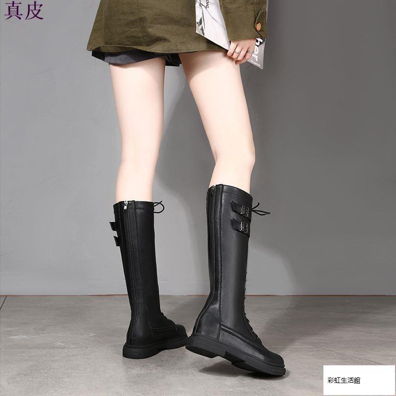 真皮 長筒靴女 2024秋季新款騎士靴 綁帶顯瘦馬丁靴 不過膝皮靴 高筒長靴子 時尚長靴 女靴