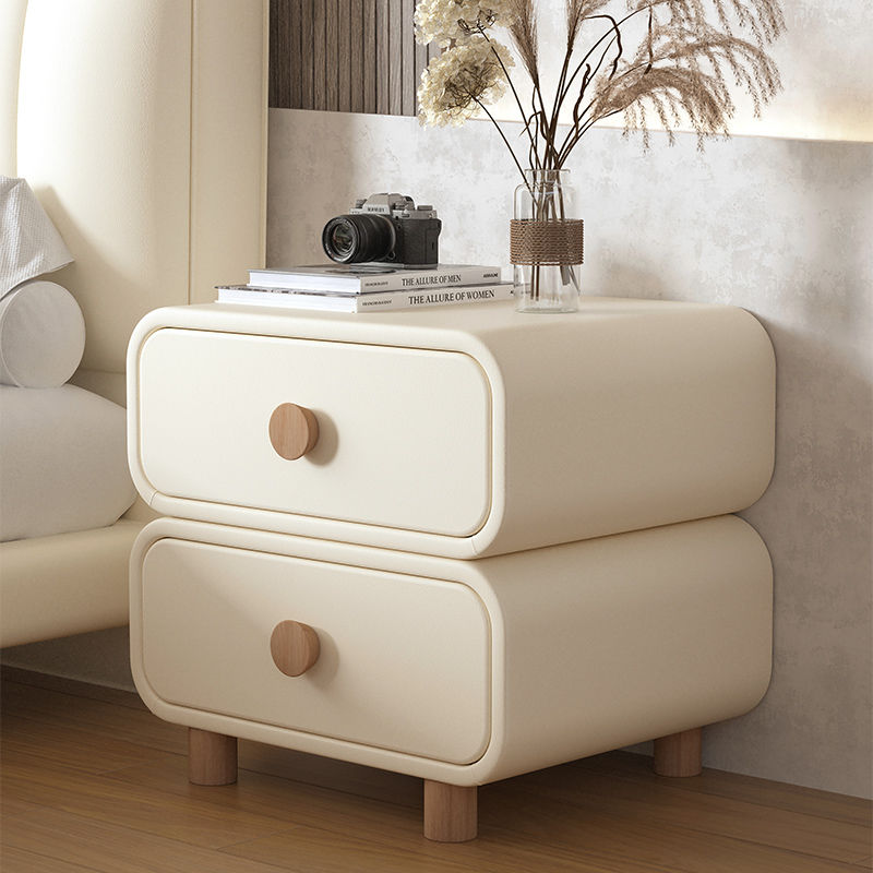 【限時優惠】奶油風床頭柜臥室實木皮質床邊柜簡約現代極簡易免安裝小型收納柜